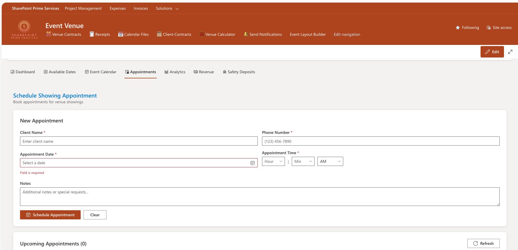 Schedule showing appointment form