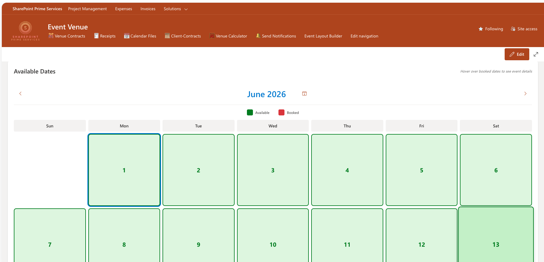 Availability calendar with available and booked dates