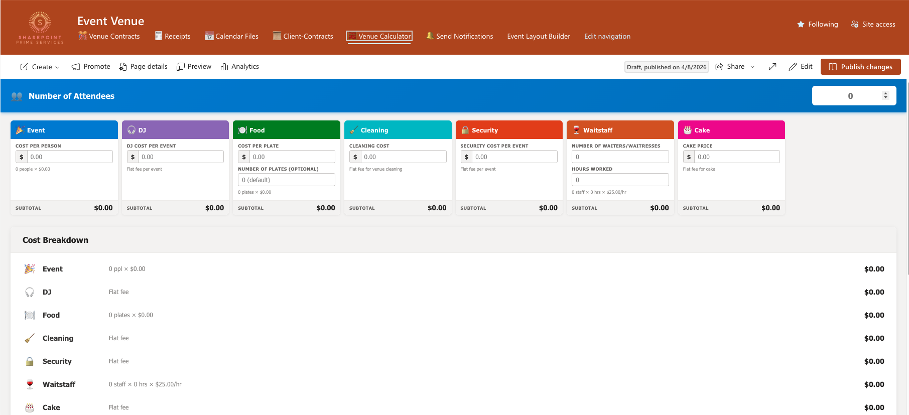 Venue cost calculator with itemized breakdown