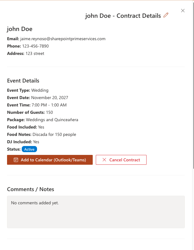 Contract details panel