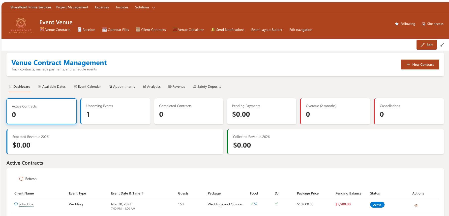 Event Venue Solution dashboard