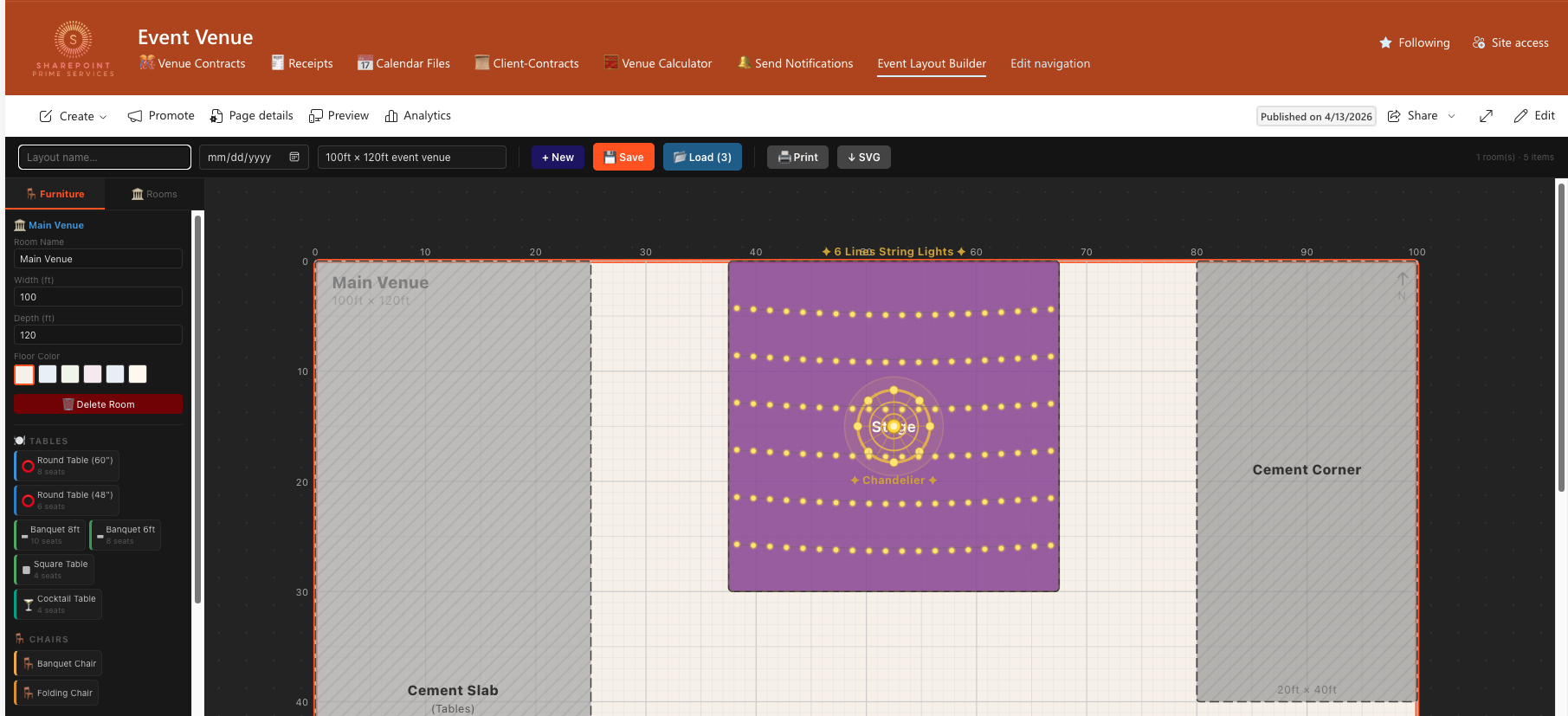 Visual event layout builder canvas